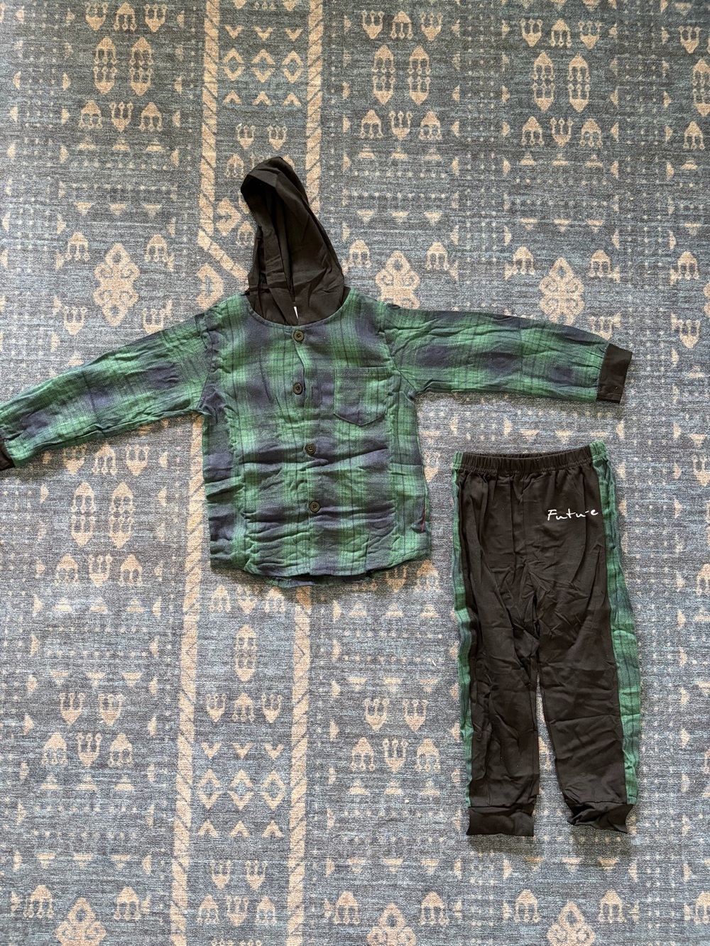 Green & Navy Plaid Hooded Top with Black Track Pants